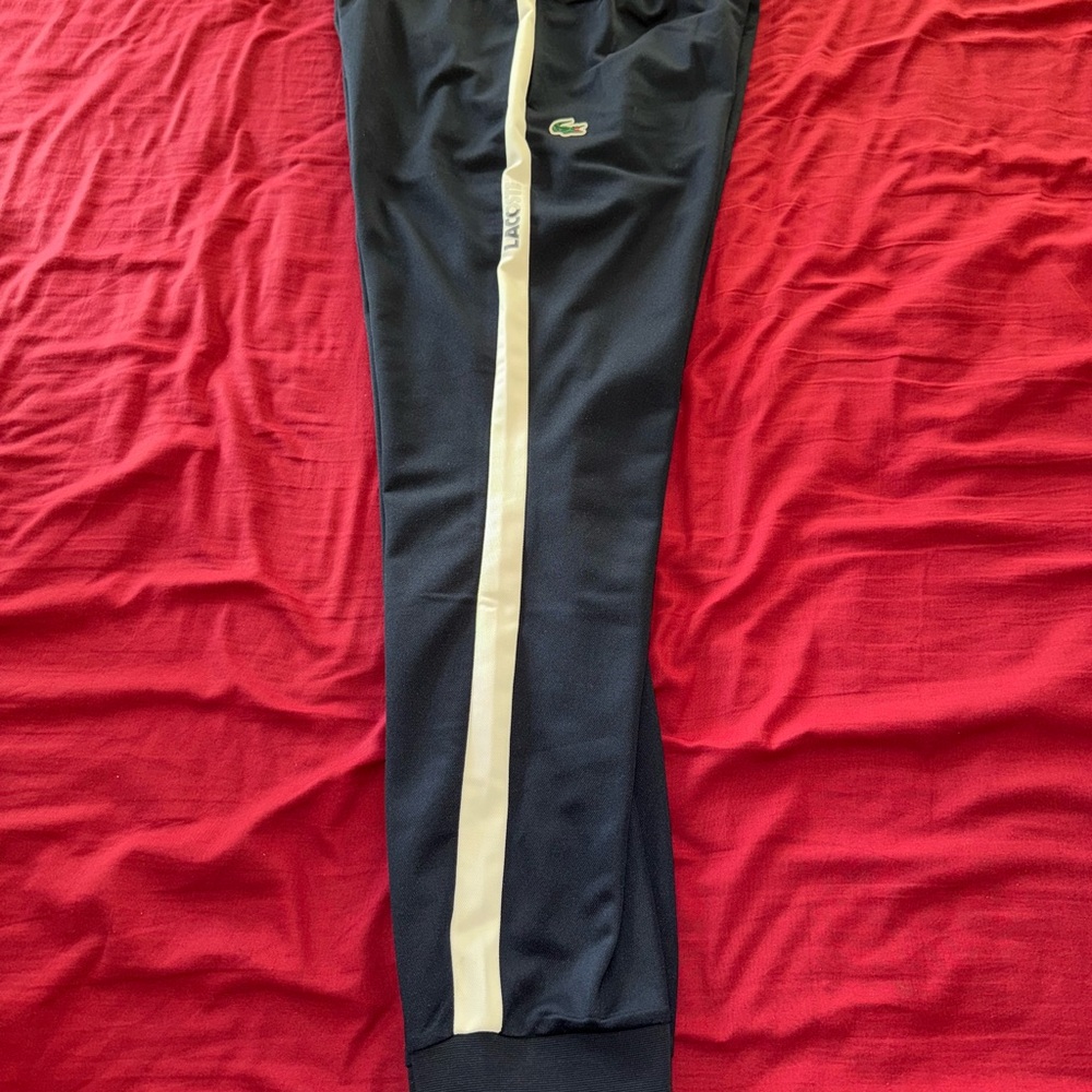 Authentic Lacoste navy Blue and White Sweatpants with Elastic Waistband